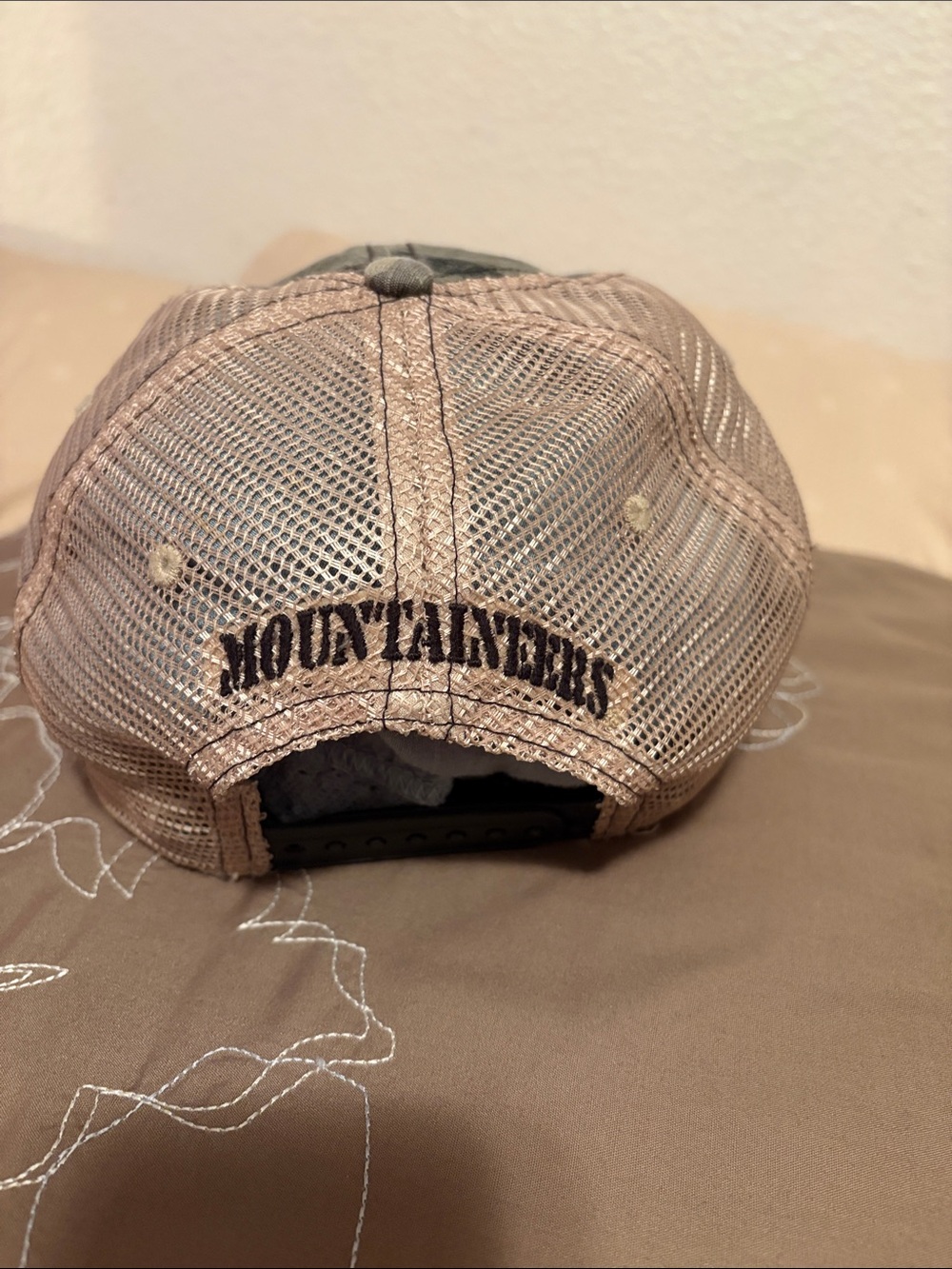 Top of the World Camo Trucker Hat with Black WV Patch and Tan Mesh - Picture 3 of 5